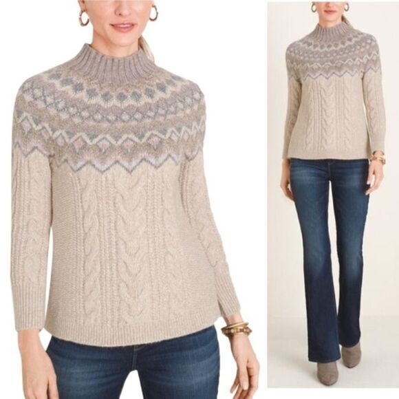 NEW Chico's Cable Yarn Wool Blend Fair Isle Tan Sweater, L - Picture 2 of 16